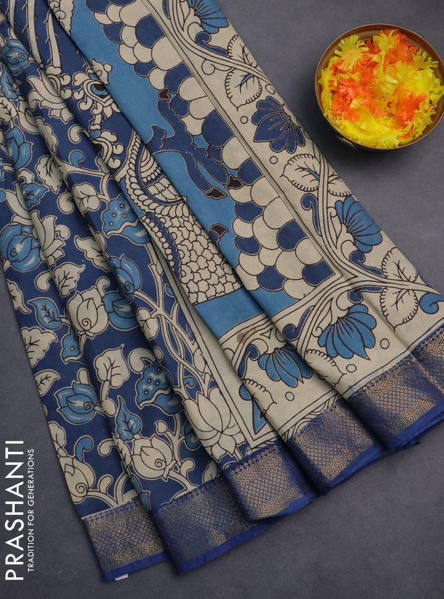 Kalamkari semi silk saree blue with allover prints and zari woven border