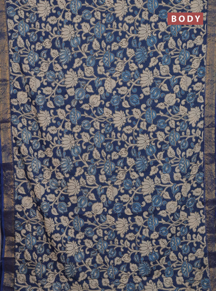 Kalamkari semi silk saree blue with allover prints and zari woven border