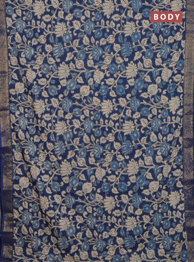 Kalamkari semi silk saree blue with allover prints and zari woven border