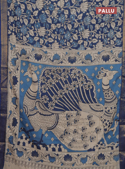 Kalamkari semi silk saree blue with allover prints and zari woven border