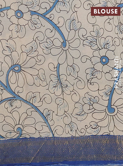 Kalamkari semi silk saree blue with allover prints and zari woven border