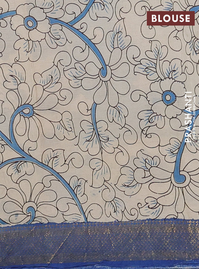 Kalamkari semi silk saree blue with allover prints and zari woven border