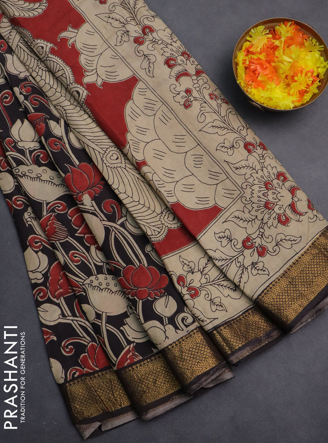 Kalamkari semi silk saree black with allover prints and zari woven border