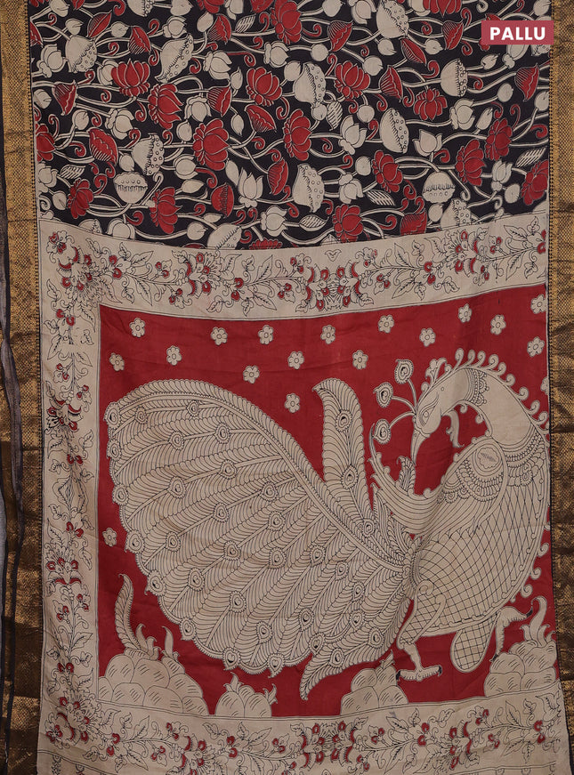 Kalamkari semi silk saree black with allover prints and zari woven border