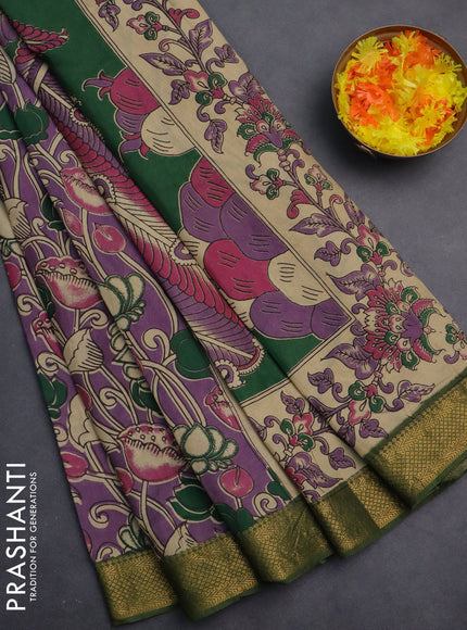 Kalamkari semi silk saree lavender and green with allover prints and zari woven border