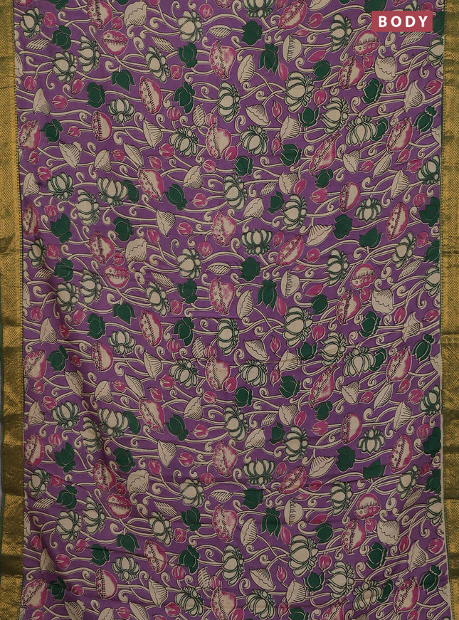 Kalamkari semi silk saree lavender and green with allover prints and zari woven border