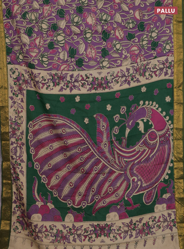 Kalamkari semi silk saree lavender and green with allover prints and zari woven border