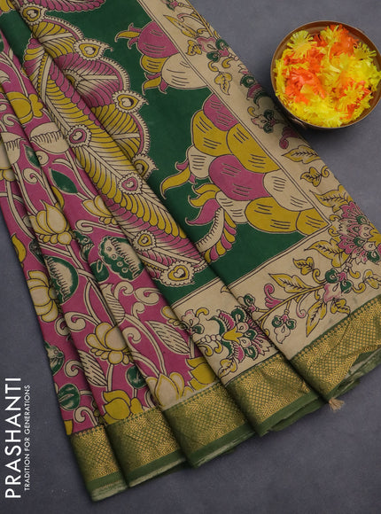 Kalamkari semi silk saree pink and green with allover prints and zari woven border
