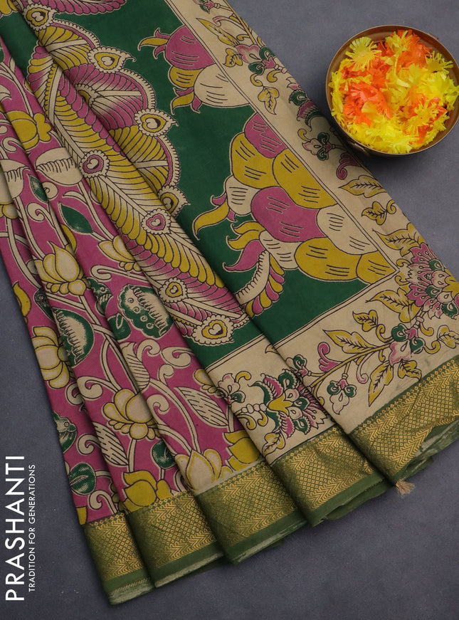 Kalamkari semi silk saree pink and green with allover prints and zari woven border