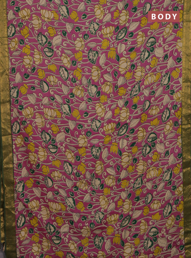 Kalamkari semi silk saree pink and green with allover prints and zari woven border