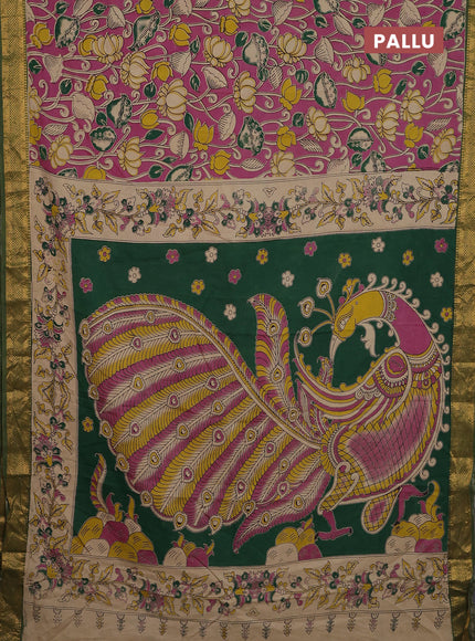 Kalamkari semi silk saree pink and green with allover prints and zari woven border