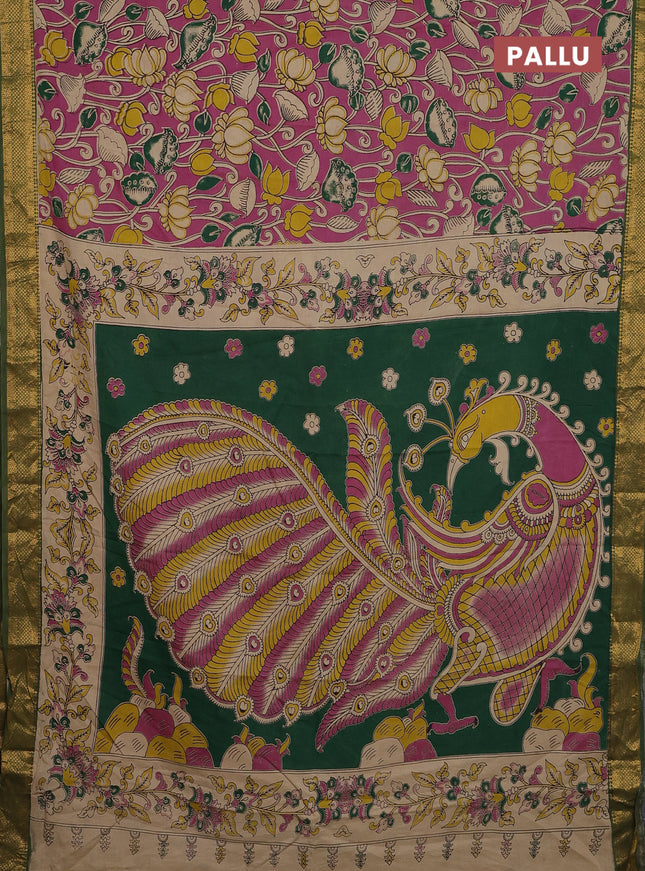 Kalamkari semi silk saree pink and green with allover prints and zari woven border