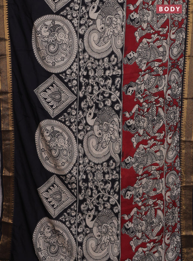 Kalamkari semi silk saree maroon and black with allover prints and zari woven border