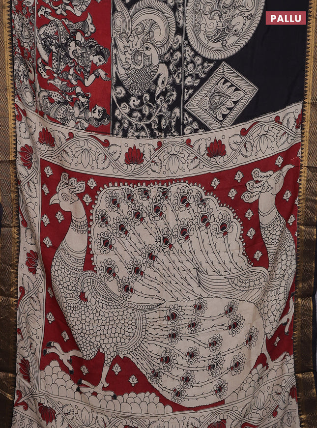 Kalamkari semi silk saree maroon and black with allover prints and zari woven border
