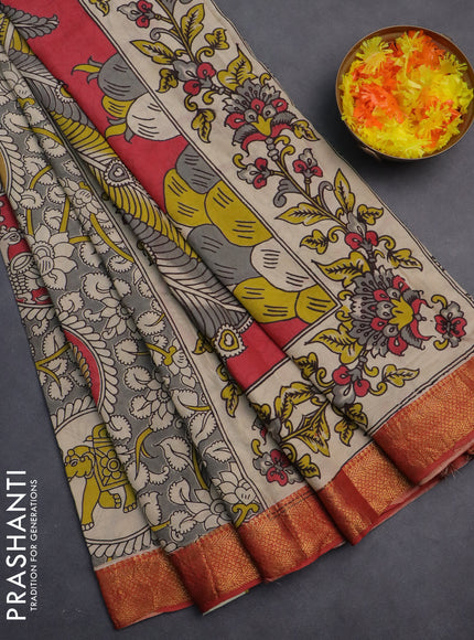 Kalamkari semi silk saree grey and maroon with allover prints and zari woven border