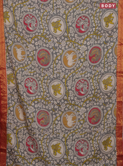 Kalamkari semi silk saree grey and maroon with allover prints and zari woven border