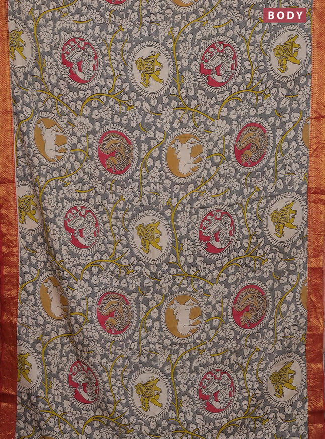 Kalamkari semi silk saree grey and maroon with allover prints and zari woven border