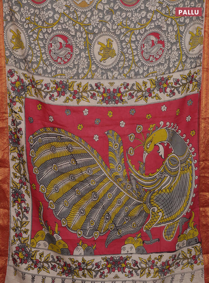 Kalamkari semi silk saree grey and maroon with allover prints and zari woven border