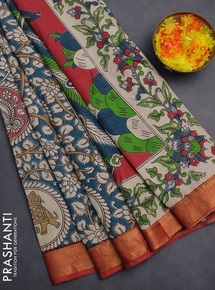 Kalamkari semi silk saree cs blue and maroon with allover prints and zari woven border