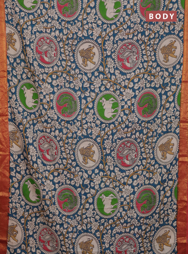 Kalamkari semi silk saree cs blue and maroon with allover prints and zari woven border