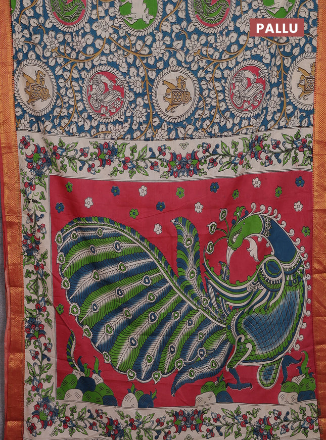 Kalamkari semi silk saree cs blue and maroon with allover prints and zari woven border