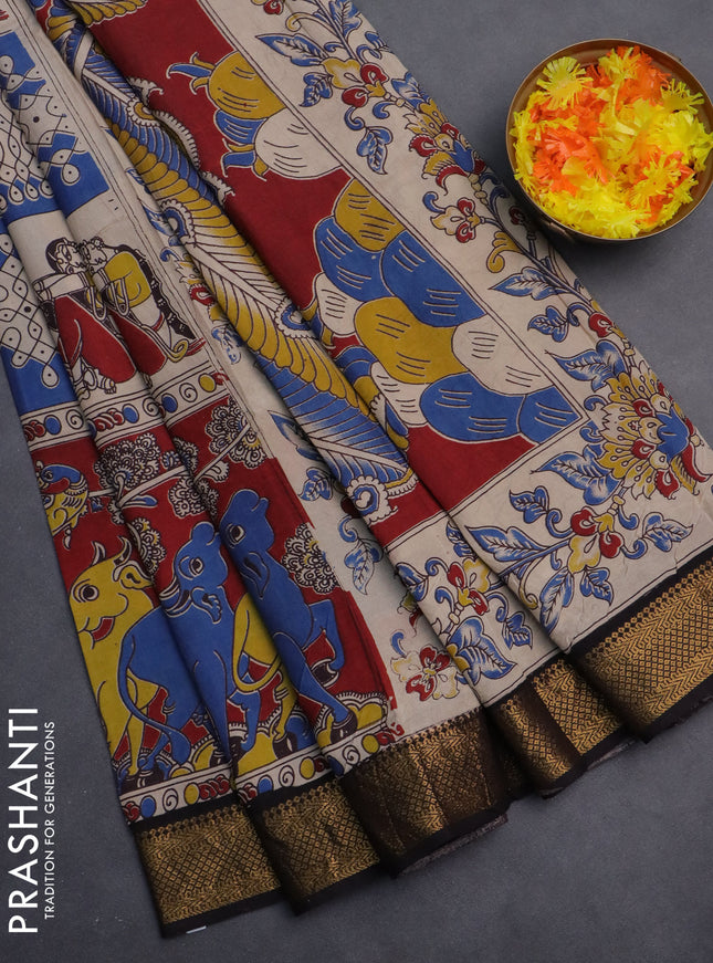 Kalamkari semi silk saree beige blue and black with allover prints and zari woven border