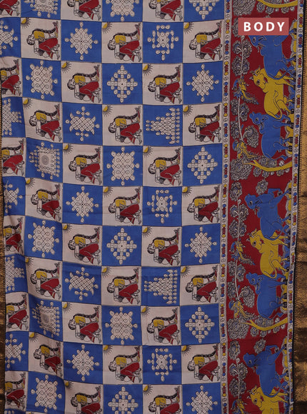 Kalamkari semi silk saree beige blue and black with allover prints and zari woven border