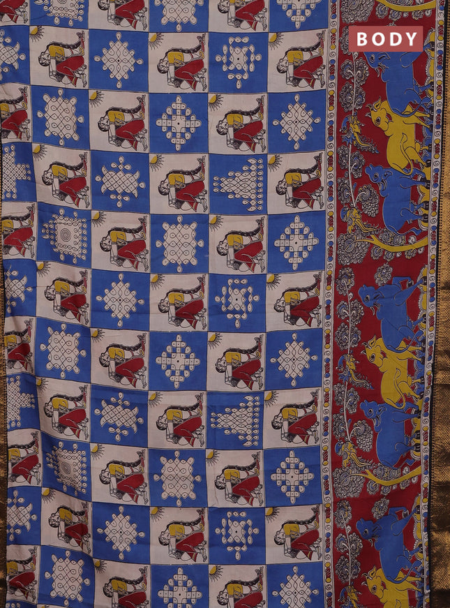 Kalamkari semi silk saree beige blue and black with allover prints and zari woven border