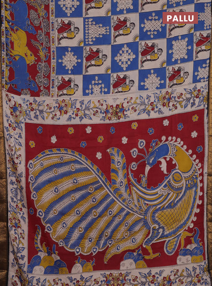 Kalamkari semi silk saree beige blue and black with allover prints and zari woven border