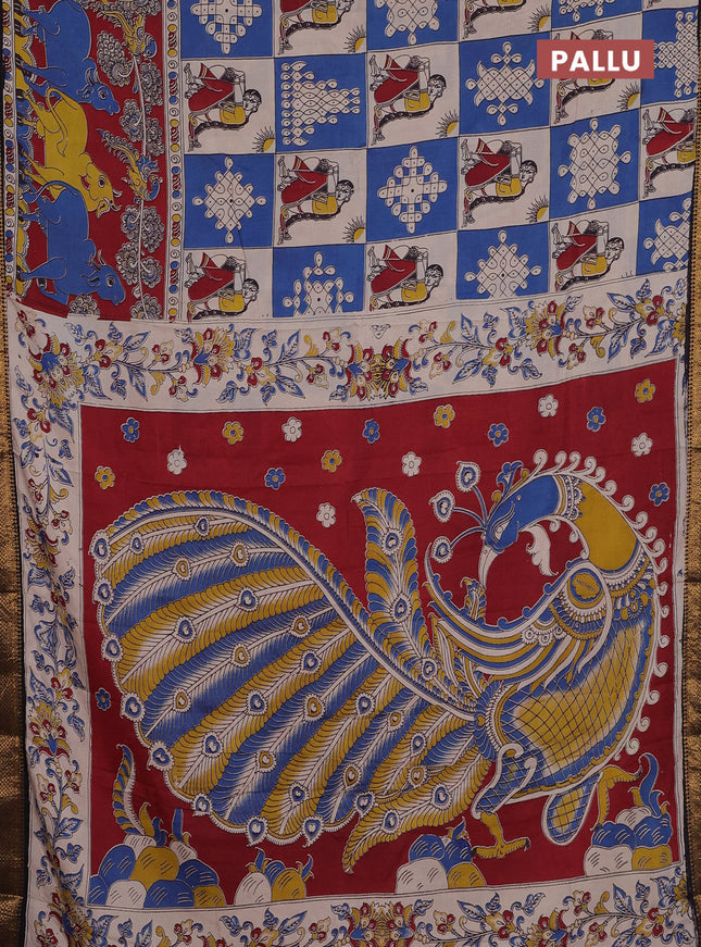 Kalamkari semi silk saree beige blue and black with allover prints and zari woven border