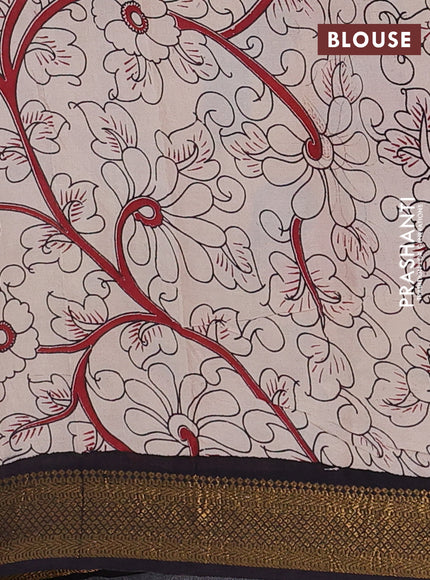 Kalamkari semi silk saree beige blue and black with allover prints and zari woven border