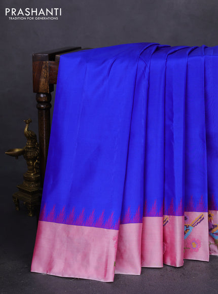 Pure gadwal silk saree royal blue and pastel pink with plain body and embroided butta border