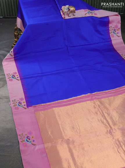 Pure gadwal silk saree royal blue and pastel pink with plain body and embroided butta border