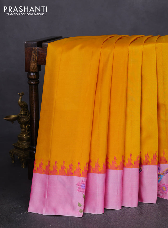 Pure gadwal silk saree mustard yellow and light pink with plain body and embroided butta border