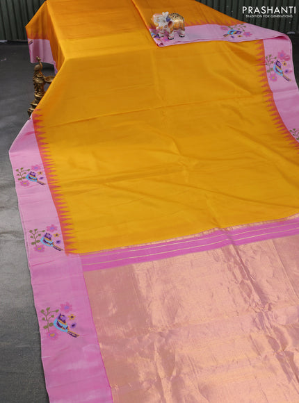 Pure gadwal silk saree mustard yellow and light pink with plain body and embroided butta border