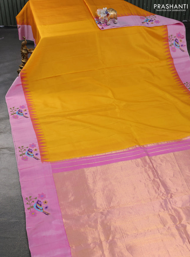 Pure gadwal silk saree mustard yellow and light pink with plain body and embroided butta border