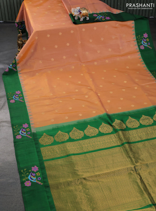 Pure gadwal silk saree mustard yellow and green with zari woven buttas and embroided butta border