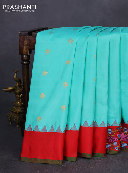 Pure gadwal silk saree teal shade and red with zari woven buttas and embroided butta border