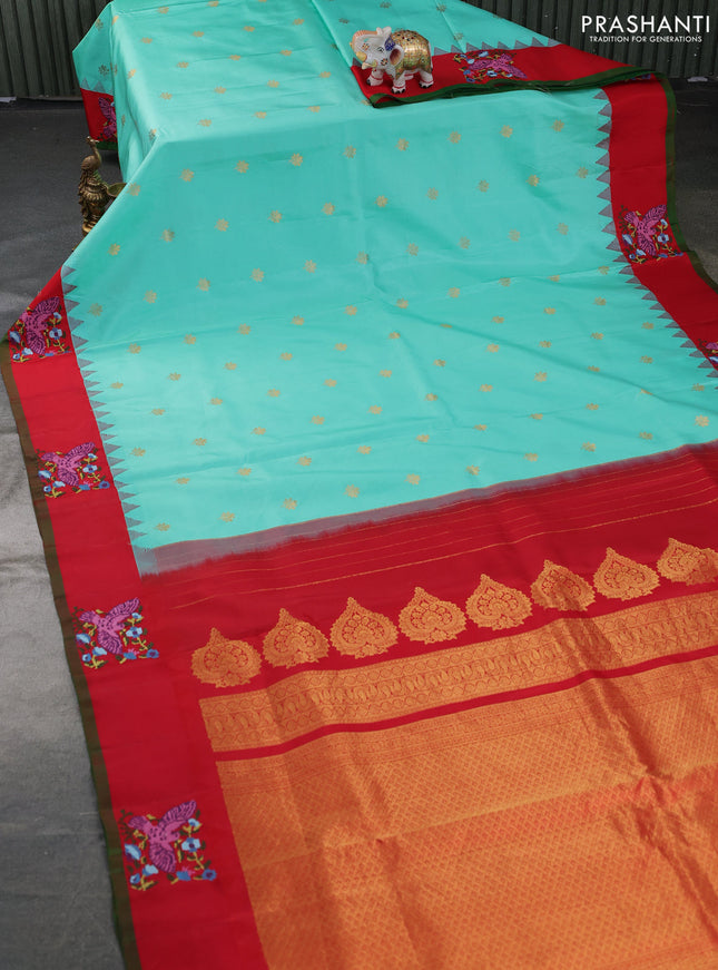 Pure gadwal silk saree teal shade and red with zari woven buttas and embroided butta border