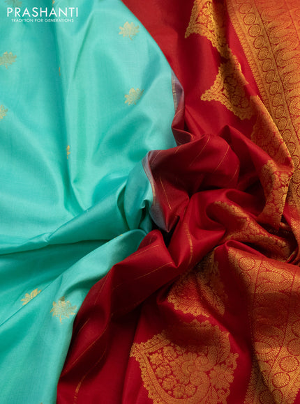Pure gadwal silk saree teal shade and red with zari woven buttas and embroided butta border