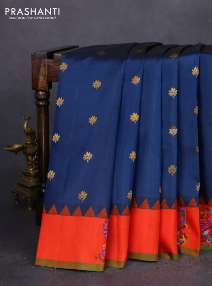 Pure gadwal silk saree peacock blue and orange with zari woven buttas and embroided butta border