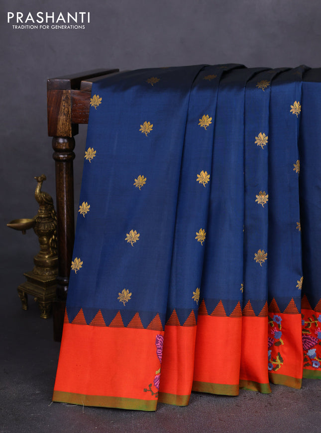 Pure gadwal silk saree peacock blue and orange with zari woven buttas and embroided butta border