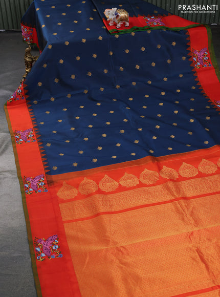 Pure gadwal silk saree peacock blue and orange with zari woven buttas and embroided butta border