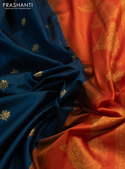 Pure gadwal silk saree peacock blue and orange with zari woven buttas and embroided butta border