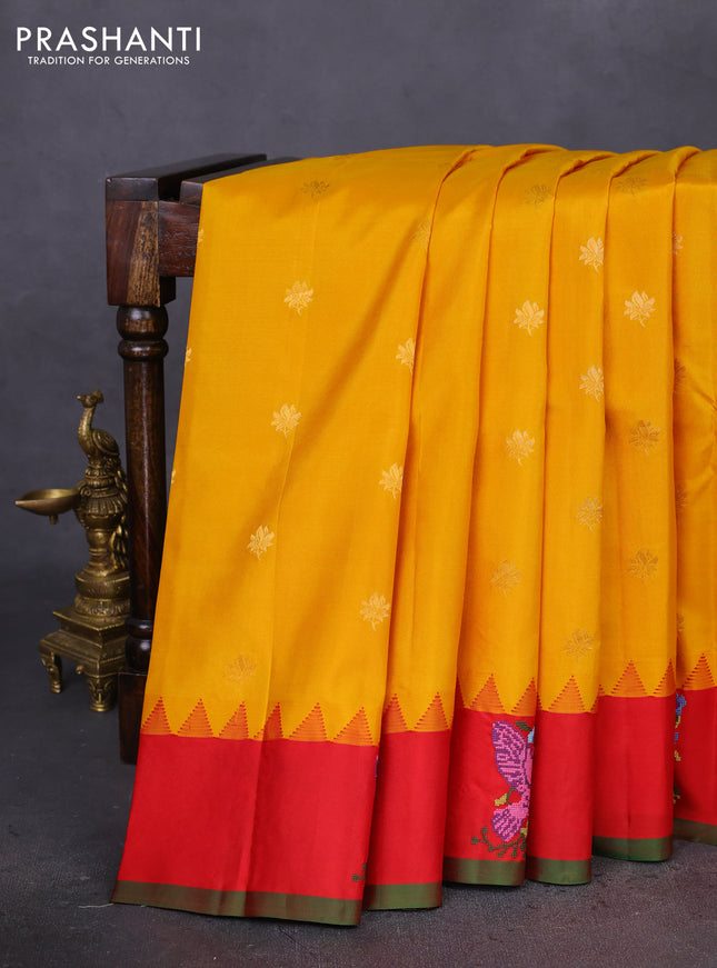 Pure gadwal silk saree mustard yellow and red with zari woven buttas and embroided butta border