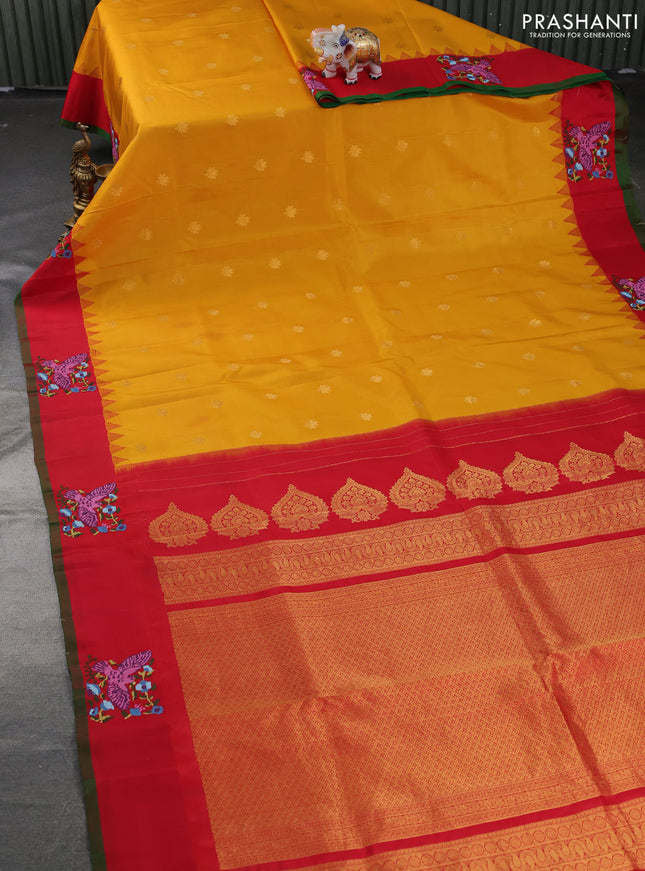Pure gadwal silk saree mustard yellow and red with zari woven buttas and embroided butta border