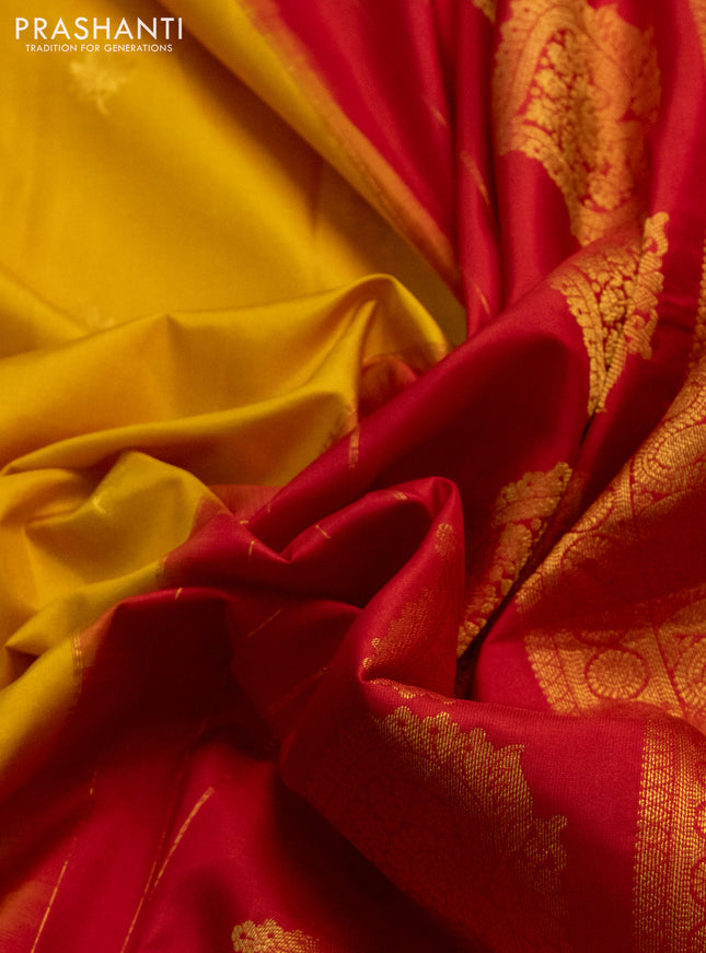 Pure gadwal silk saree mustard yellow and red with zari woven buttas and embroided butta border