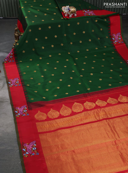 Pure gadwal silk saree green and red with zari woven buttas and embroided butta border