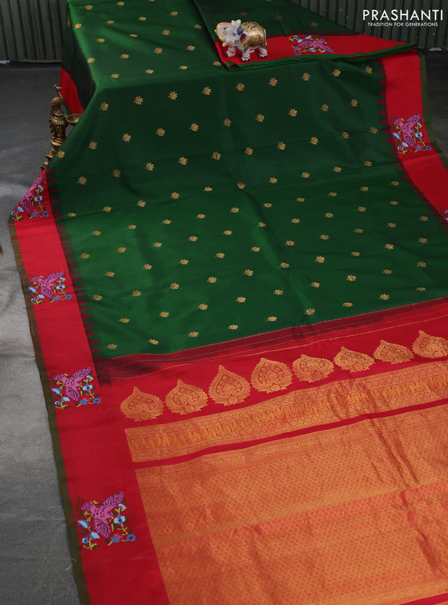 Pure gadwal silk saree green and red with zari woven buttas and embroided butta border