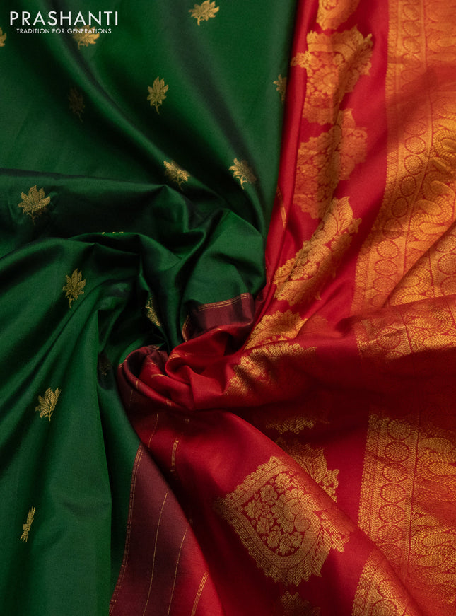 Pure gadwal silk saree green and red with zari woven buttas and embroided butta border